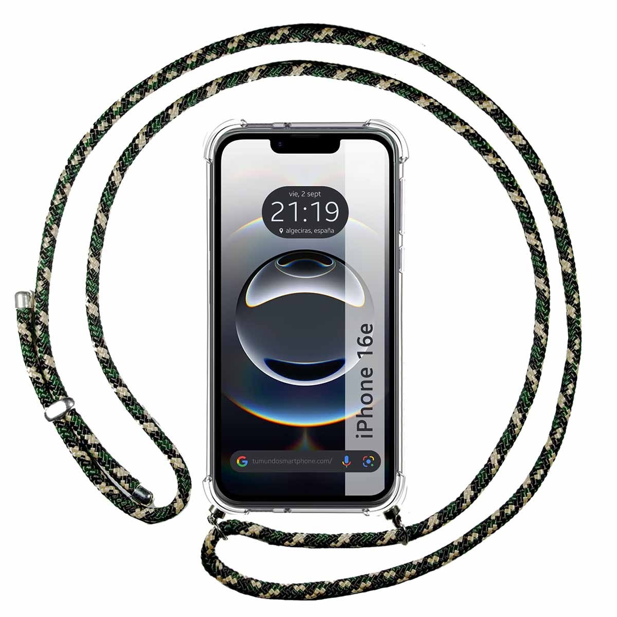 Funda Colgante Transparente para iPhone 16e (6.1) con Cordon Verde/ Dorado