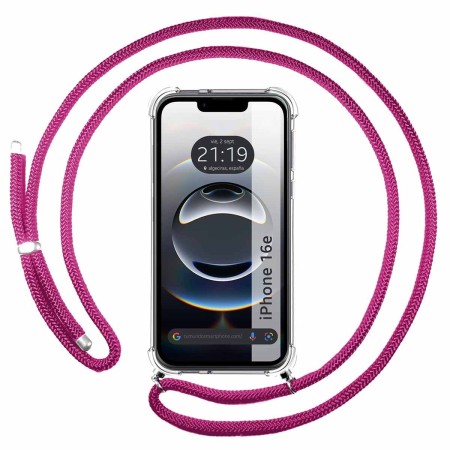 Funda Colgante Transparente para iPhone 16e (6.1) con Cordon Rosa Fucsia