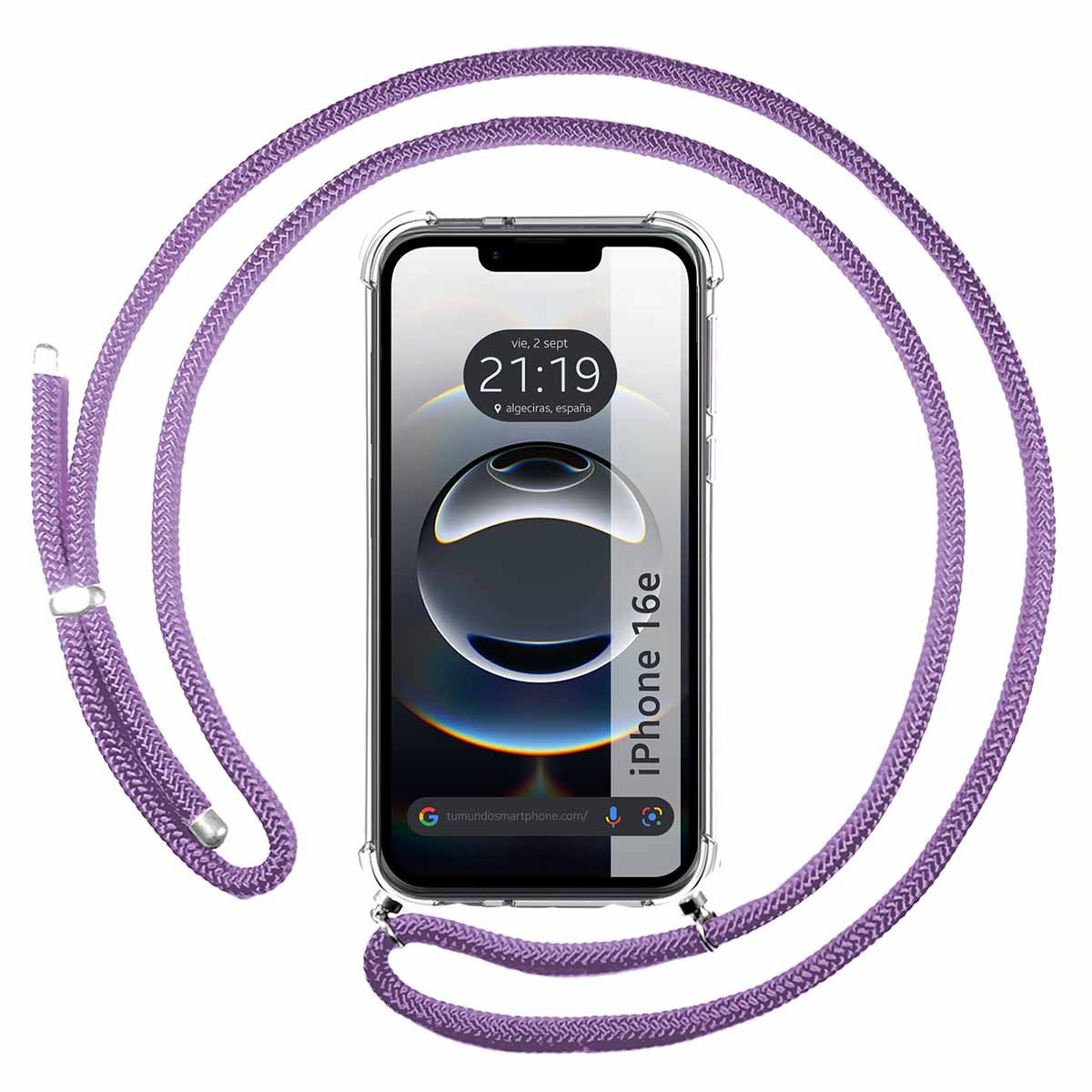 Funda Colgante Transparente para iPhone 16e (6.1) con Cordon Morado