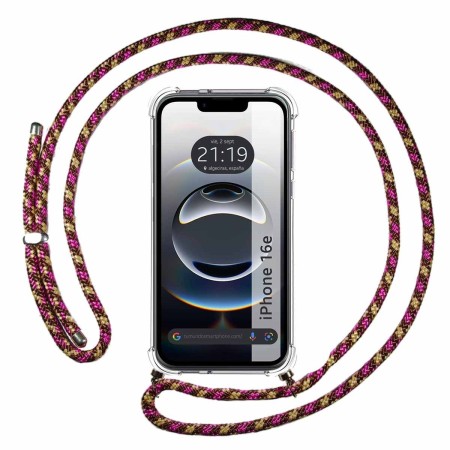 Funda Colgante Transparente para iPhone 16e (6.1) con Cordon Rosa / Dorado