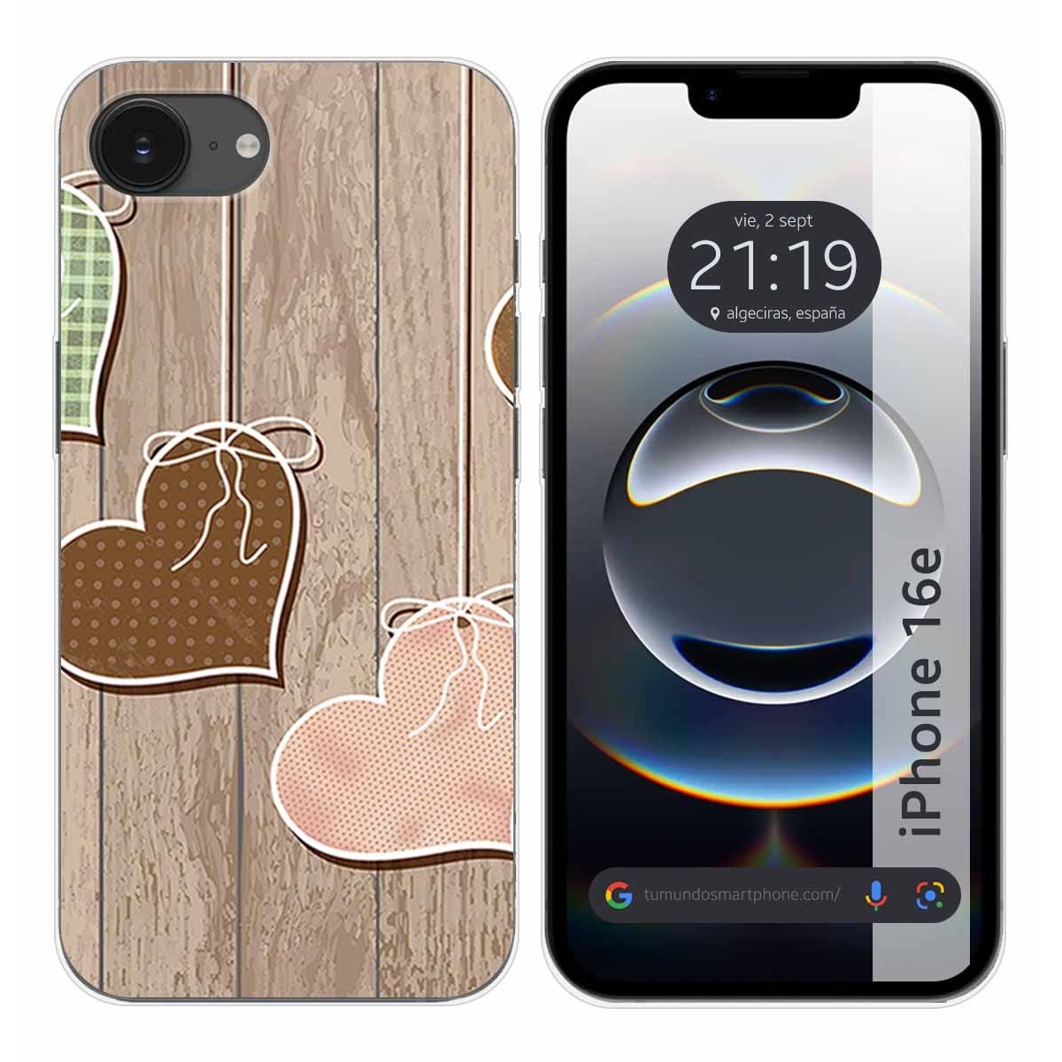 Funda Silicona para iPhone 16e (6.1) diseño Corazones Madera Dibujos