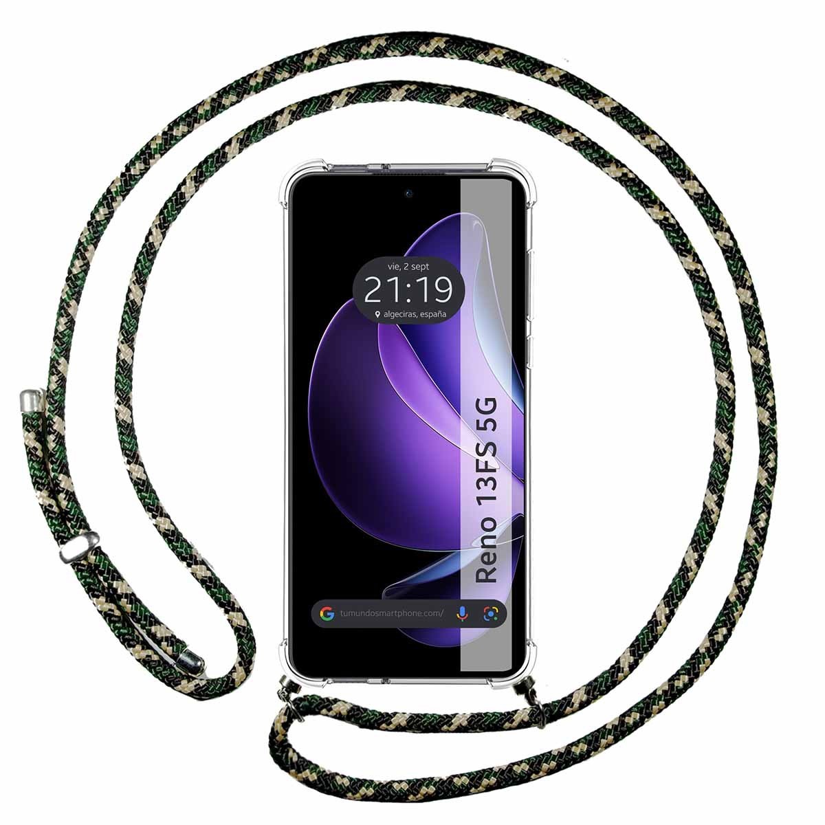 Funda Colgante Transparente para Oppo Reno 13FS 4G / 13 FS 5G con Cordon Verde / Dorado