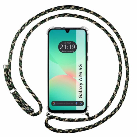 Funda Colgante Transparente para Samsung Galaxy A26 5G con Cordon Verde / Dorado