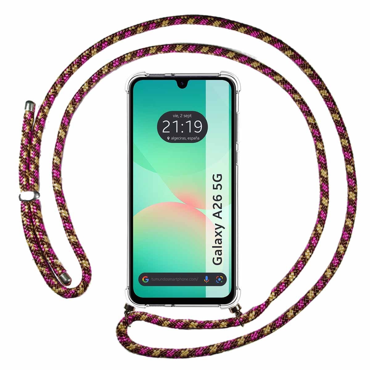 Funda Colgante Transparente para Samsung Galaxy A26 5G con Cordon Rosa / Dorado