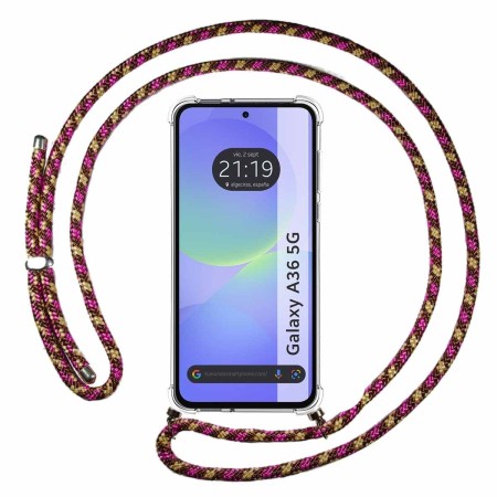 Funda Colgante Transparente para Samsung Galaxy A36 5G con Cordon Rosa / Dorado