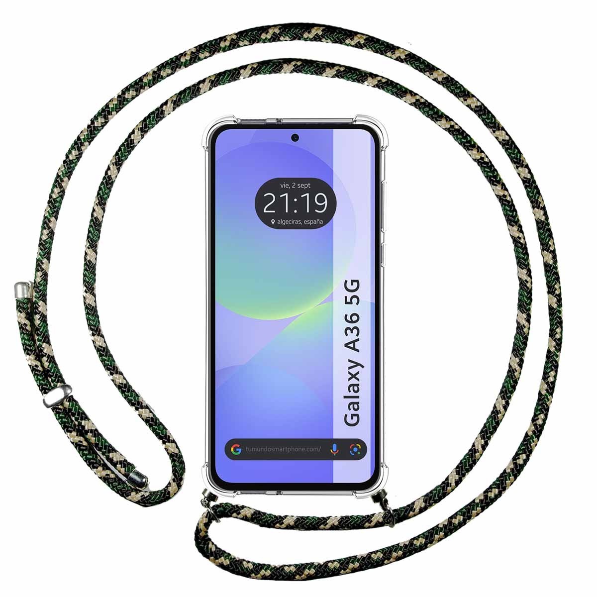 Funda Colgante Transparente para Samsung Galaxy A56 5G con Cordon Verde / Dorado