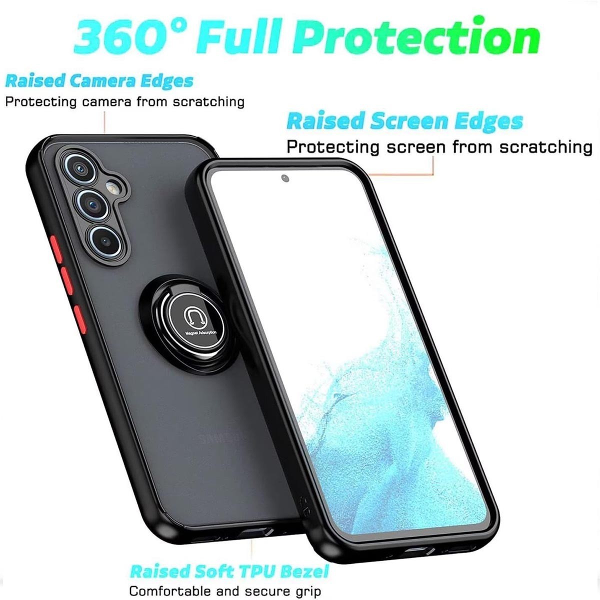 Funda Mate con Borde Negro y Anillo Giratorio 360 para Samsung Galaxy A56 5G