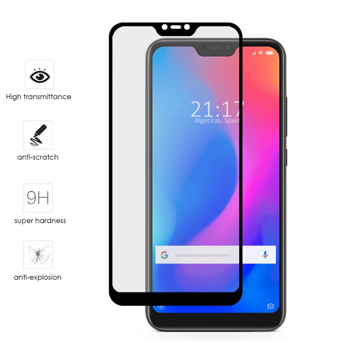 Protector Cristal Templado Frontal Completo Negro para Xiaomi Redmi 6 Pro / Mi A2 Lite Vidrio