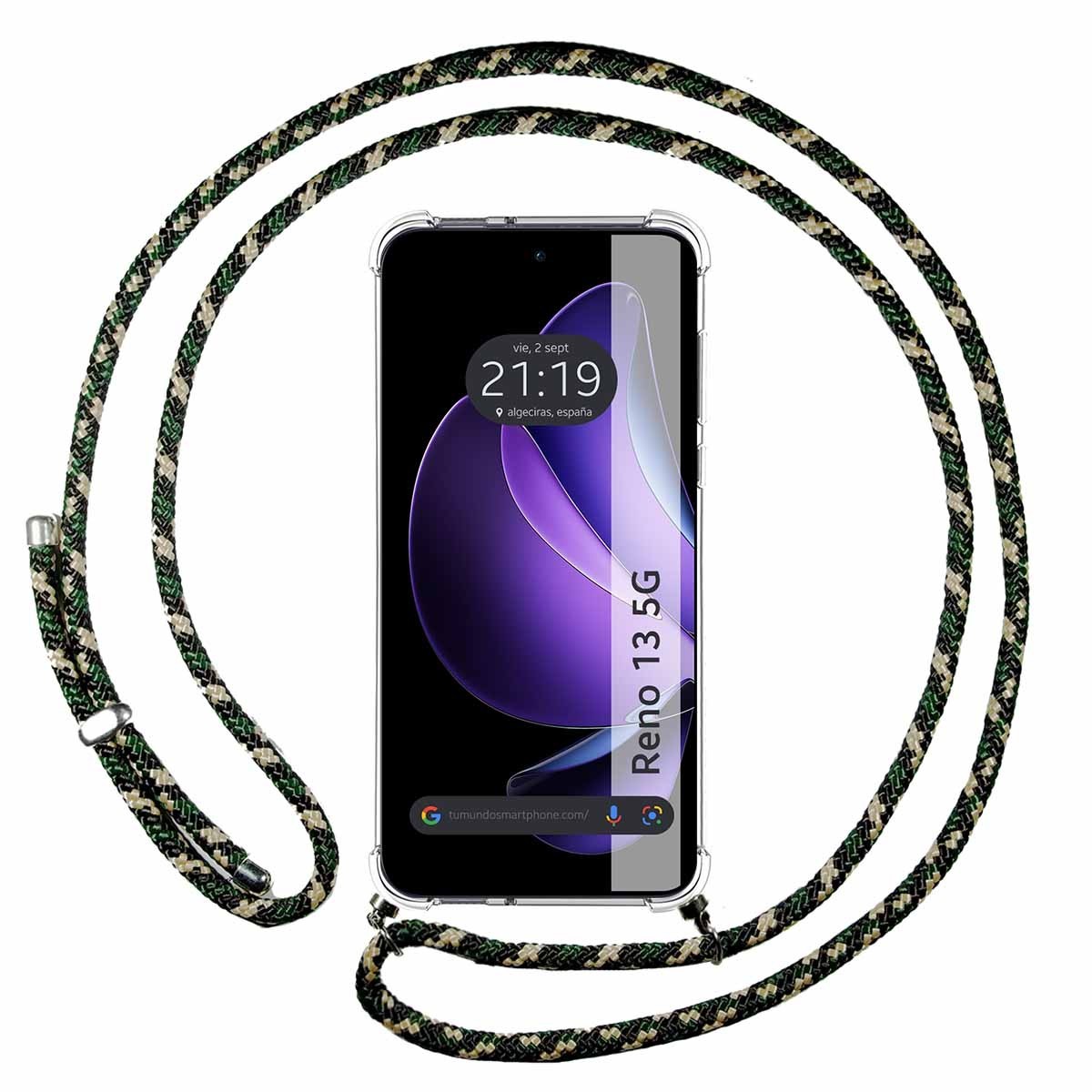 Funda Colgante Transparente para Oppo Reno 13 5G con Cordon Verde / Dorado