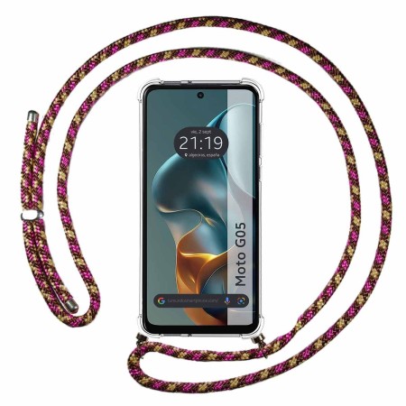 Funda Colgante Transparente para Motorola Moto G05 / E15 con Cordon Rosa / Dorado