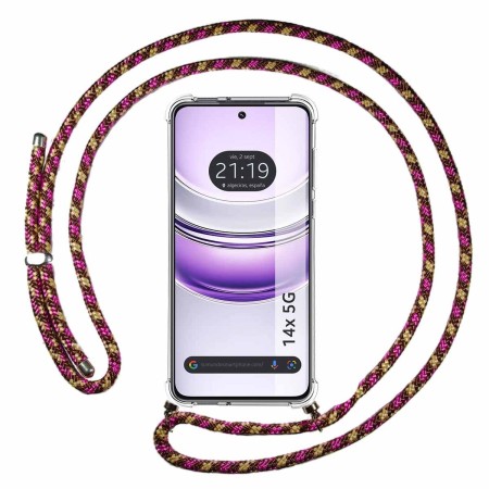 Funda Colgante Transparente para Realme 14x 5G con Cordon Rosa / Dorado