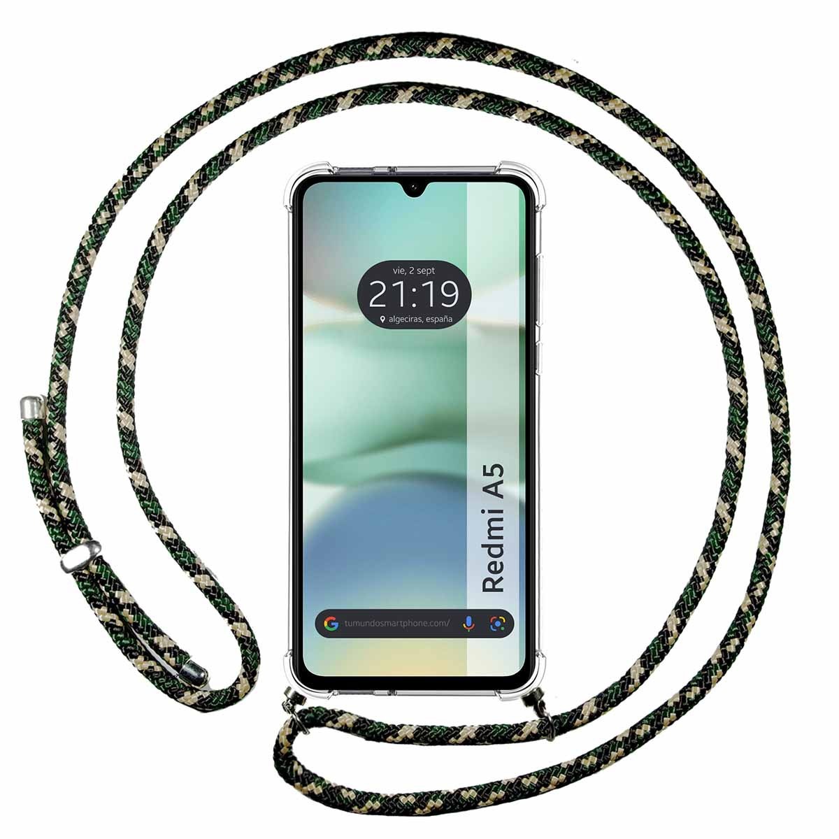 Funda Colgante Transparente para Xiaomi Redmi A5 con Cordon Verde / Dorado