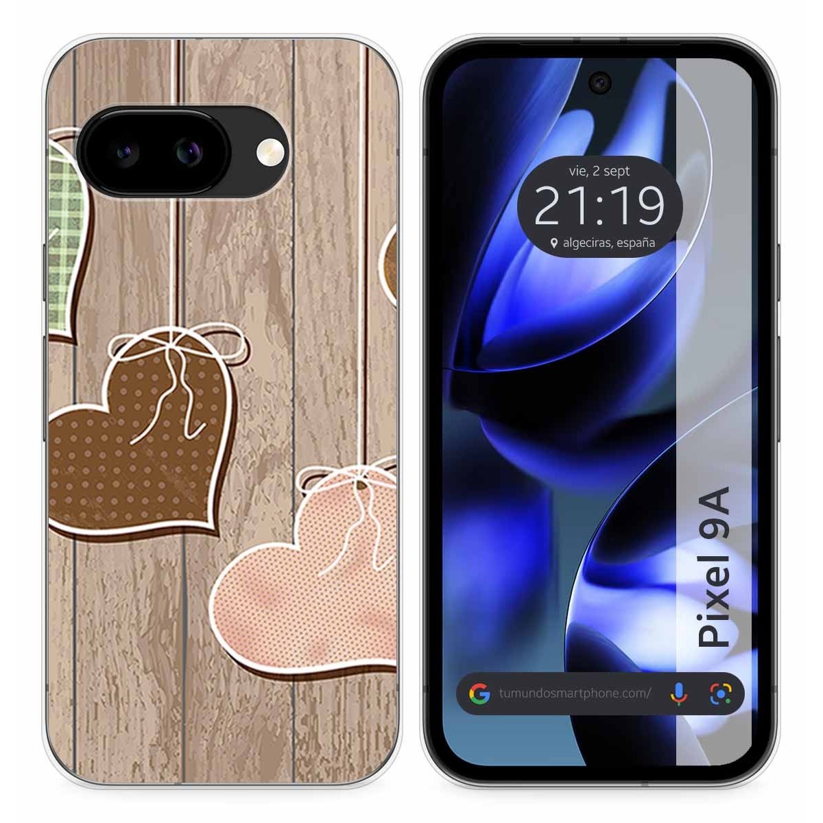 Funda Silicona para Google Pixel 9a 5G diseño Corazones Madera Dibujos