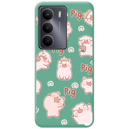 Funda Silicona Líquida Verde para Realme 14x 5G diseño Cerdos Dibujos