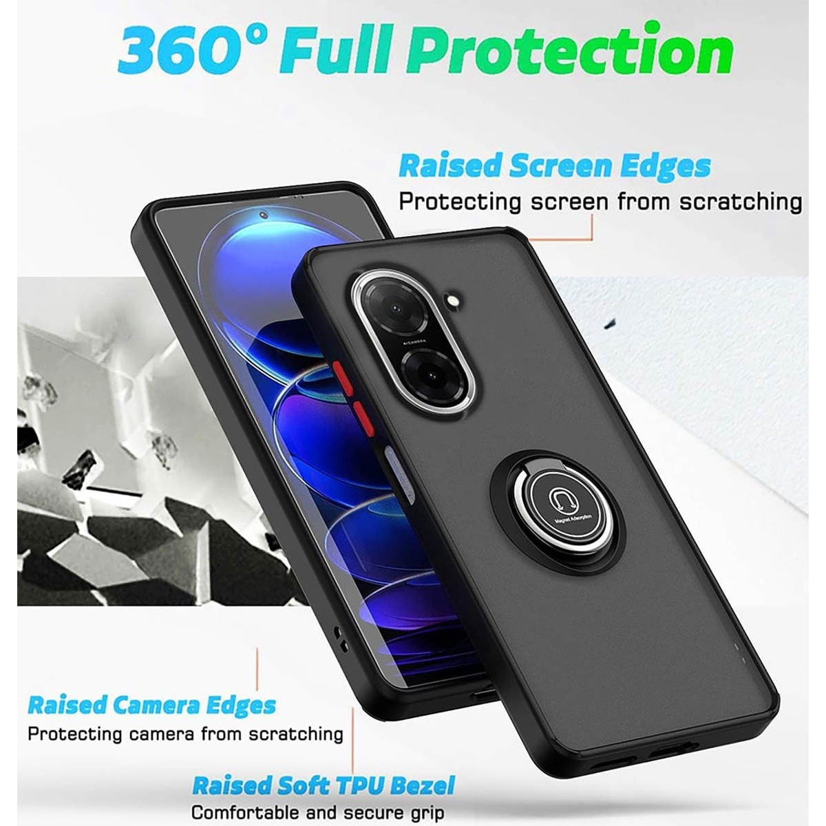 Funda Mate con Borde Negro y Anillo Giratorio 360 para Xiaomi Redmi A5