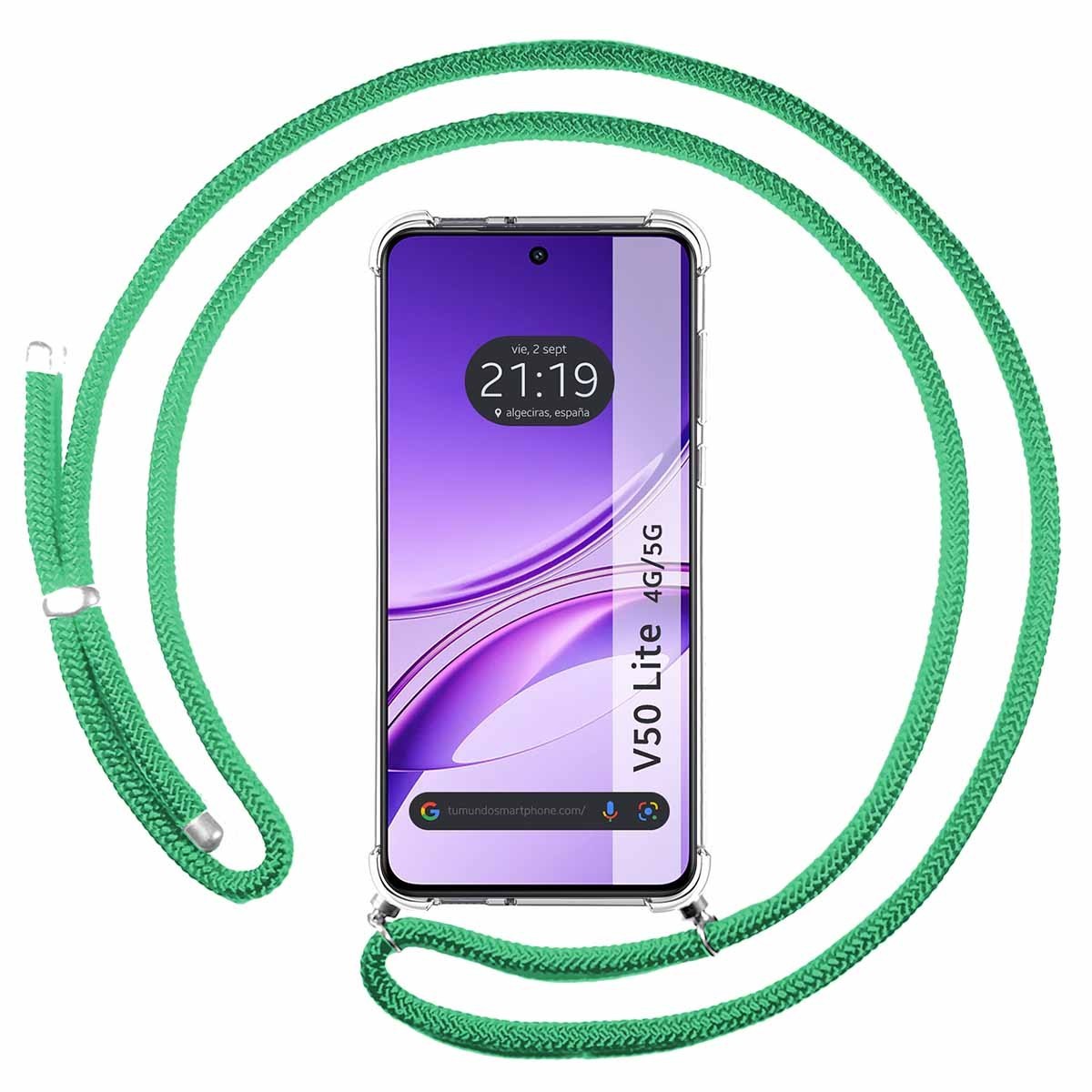Funda Colgante Transparente para Vivo V50 Lite 4G / 5G con Cordon Verde Agua