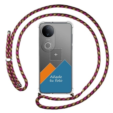 Personaliza tu Funda Colgante Transparente para Vivo V50 5G con Cordon Rosa / Dorado Dibujo Personalizada
