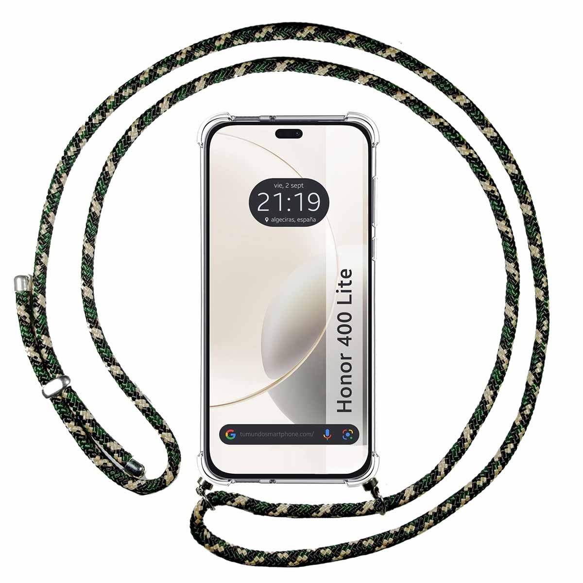 Funda Colgante Transparente para Huawei Honor 400 Lite 5G con Cordon Verde / Dorado