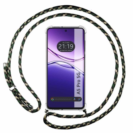 Funda Colgante Transparente para Oppo A5 Pro 5G con Cordon Verde / Dorado