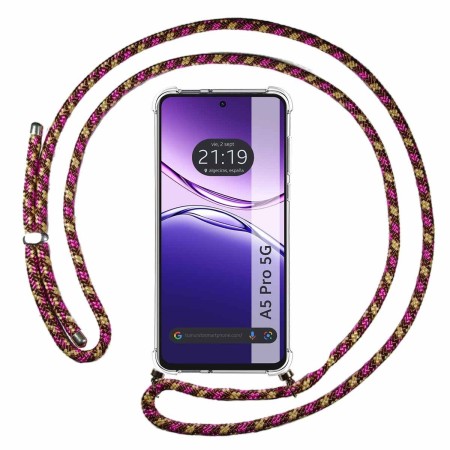 Funda Colgante Transparente para Oppo A5 Pro 5G con Cordon Rosa / Dorado