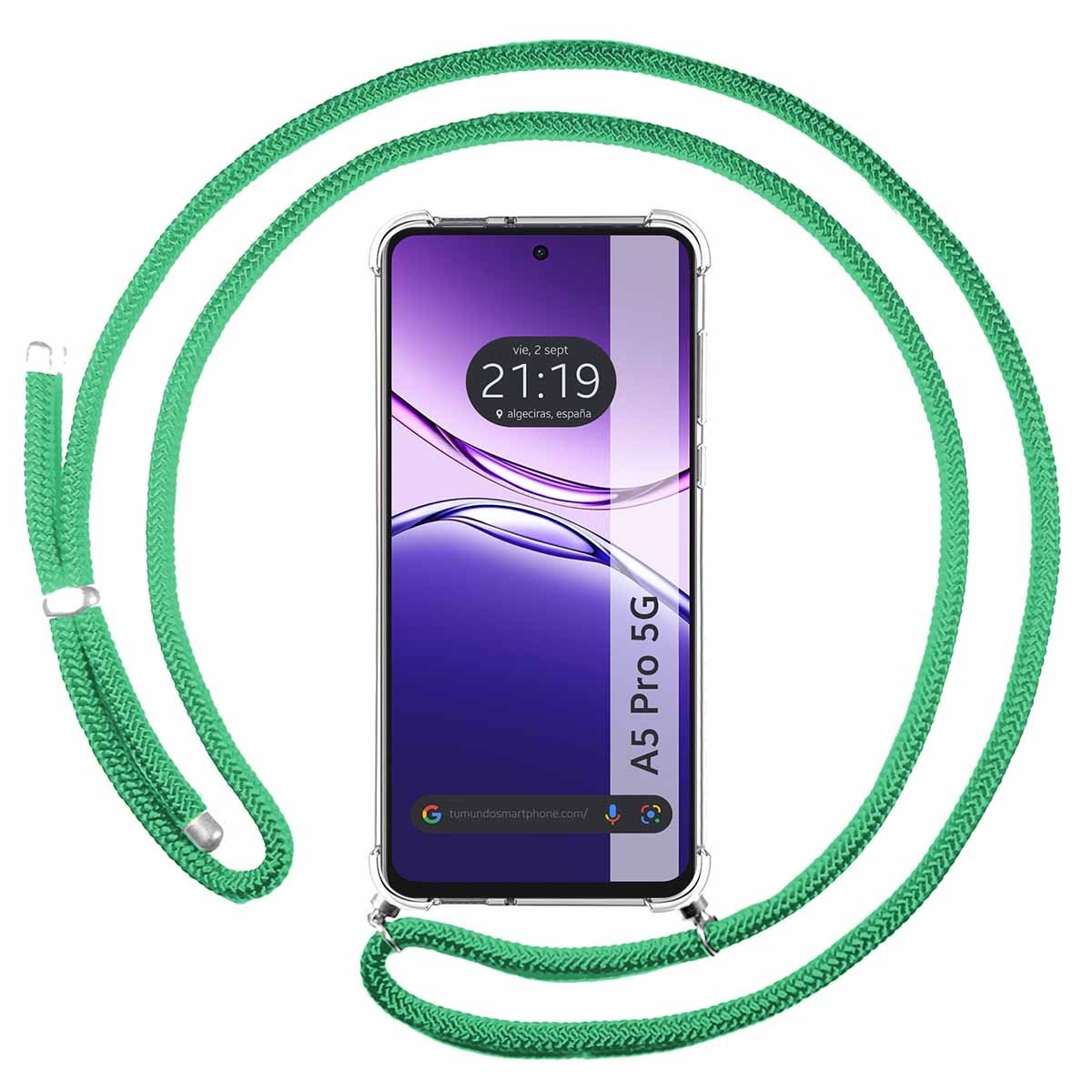 Funda Colgante Transparente para Oppo A5 Pro 5G con Cordon Verde Agua