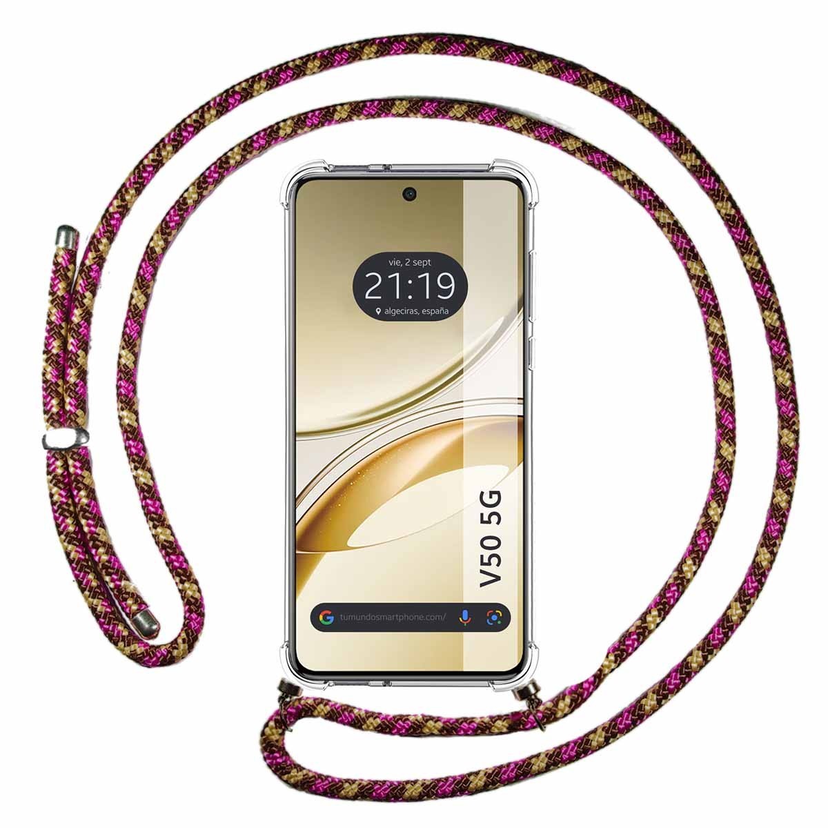 Funda Colgante Transparente para Vivo V50 5G con Cordon Rosa / Dorado