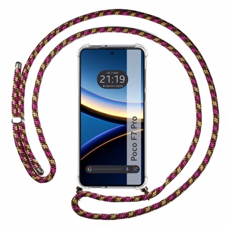 Funda Colgante Transparente para Xiaomi Poco F7 Pro 5G con Cordon Rosa / Dorado