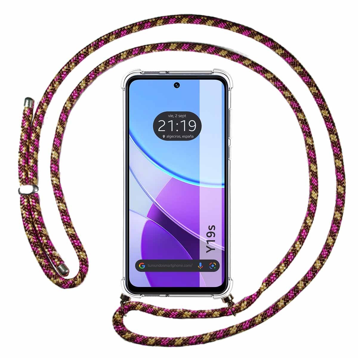 Funda Colgante Transparente para Vivo Y19s con Cordon Rosa / Dorado