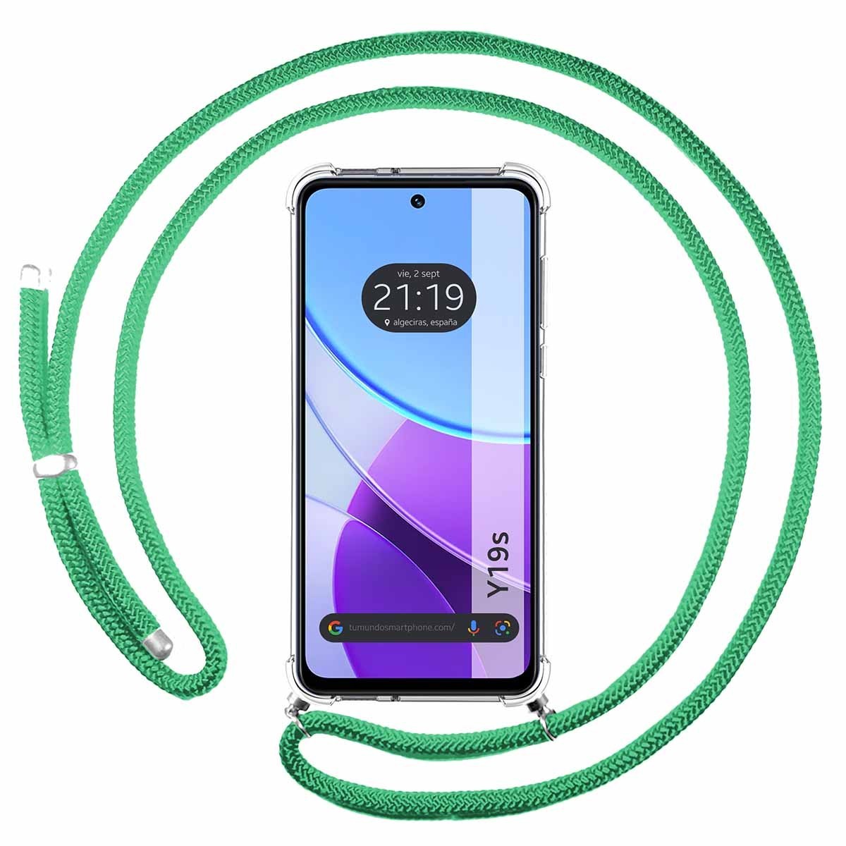 Funda Colgante Transparente para Vivo Y19s con Cordon Verde Agua