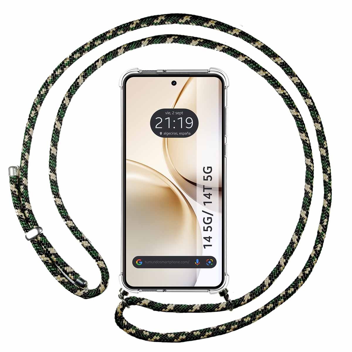 Funda Colgante Transparente para Realme 14 5G / 14T 5G con Cordon Verde / Dorado