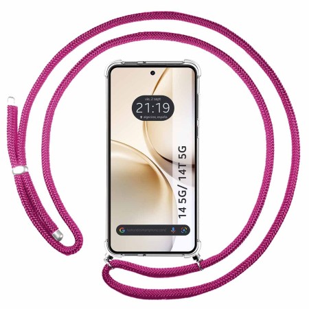 Funda Colgante Transparente para Realme 14 5G / 14T 5G con Cordon Rosa Fucsia