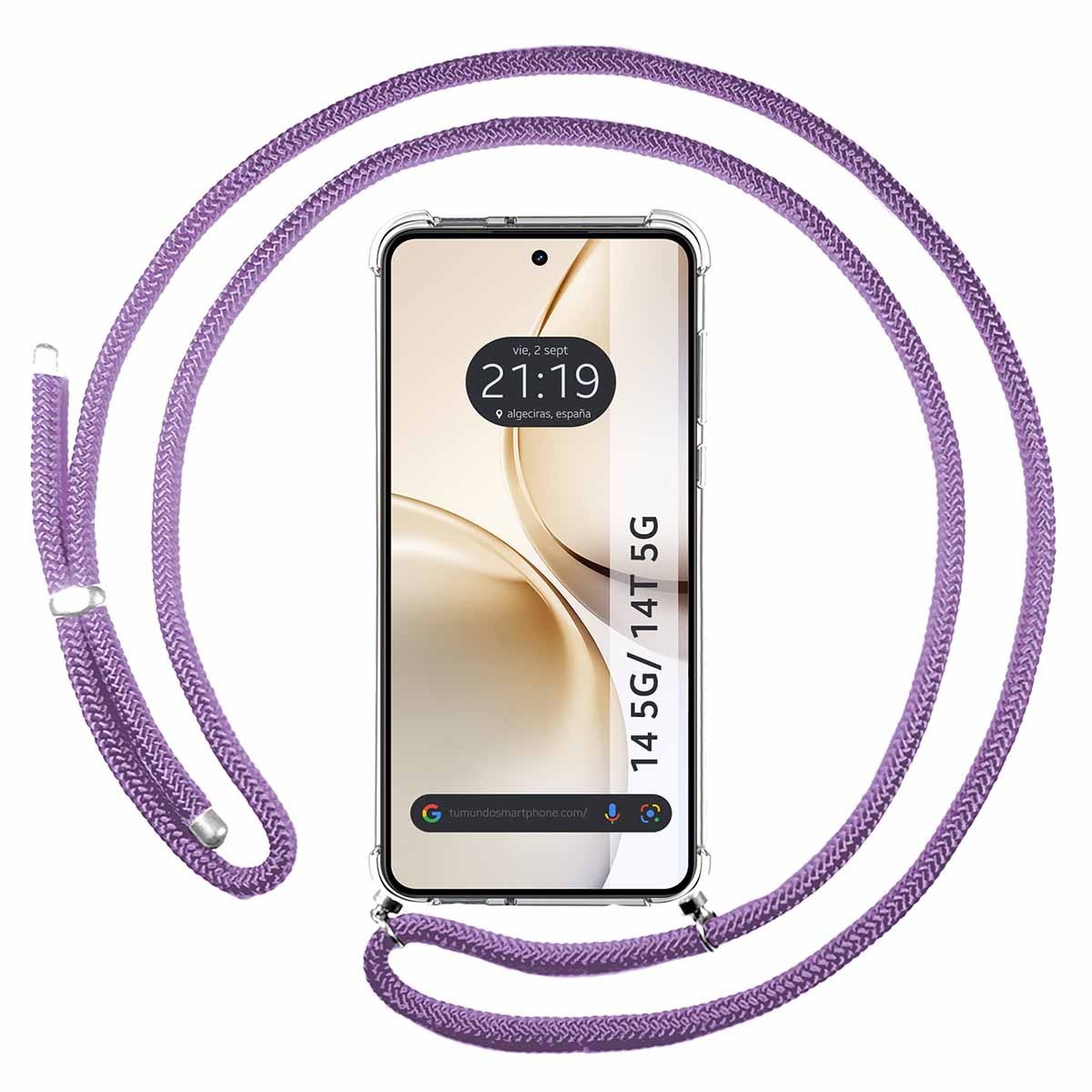 Funda Colgante Transparente para Realme 14 5G / 14T 5G con Cordon Morado