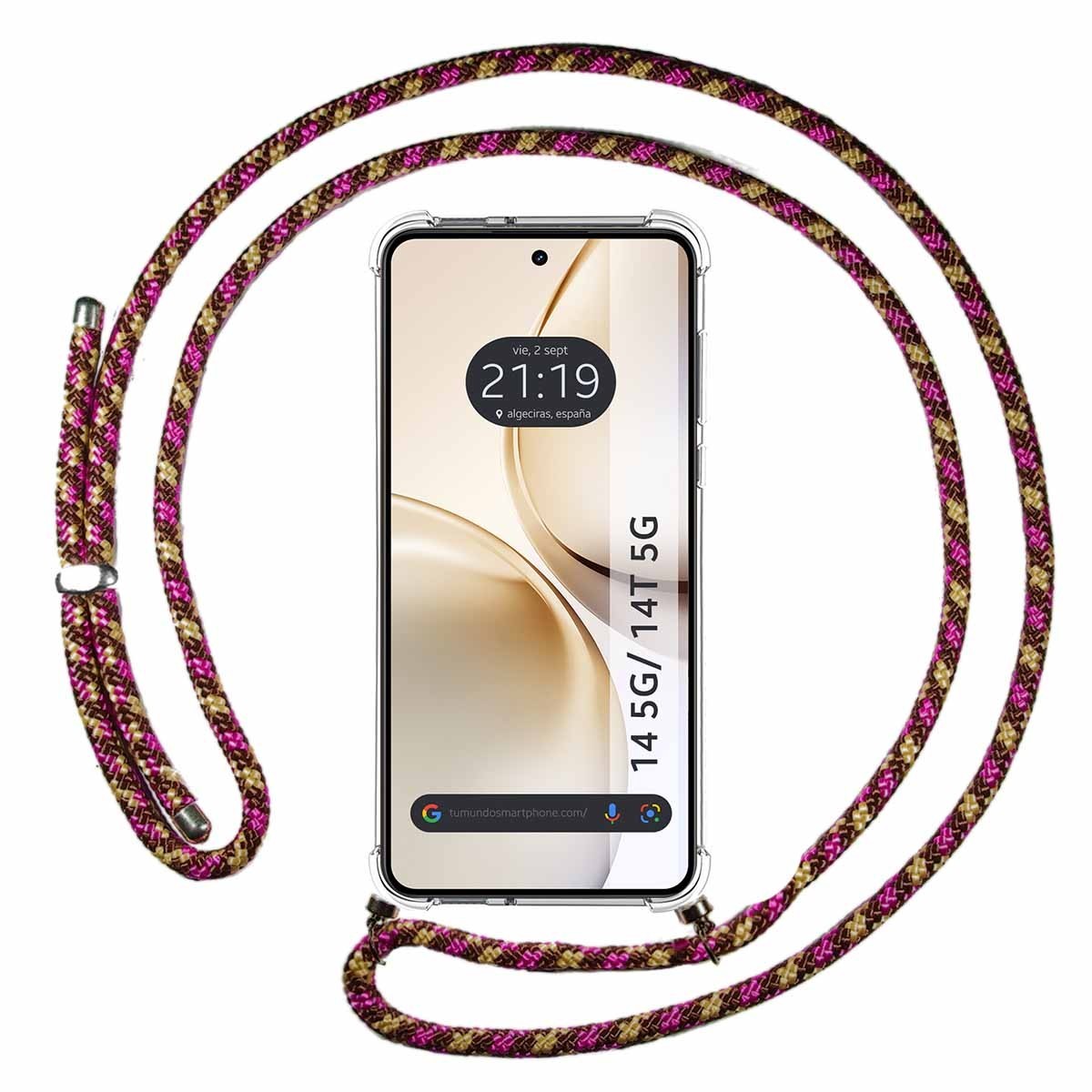 Funda Colgante Transparente para Realme 14 5G / 14T 5G con Cordon Rosa / Dorado