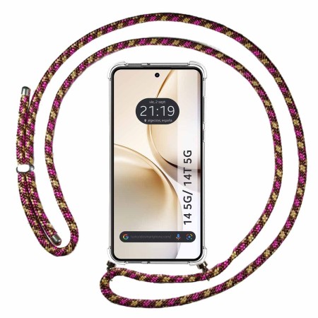 Funda Colgante Transparente para Realme 14 5G / 14T 5G con Cordon Rosa / Dorado