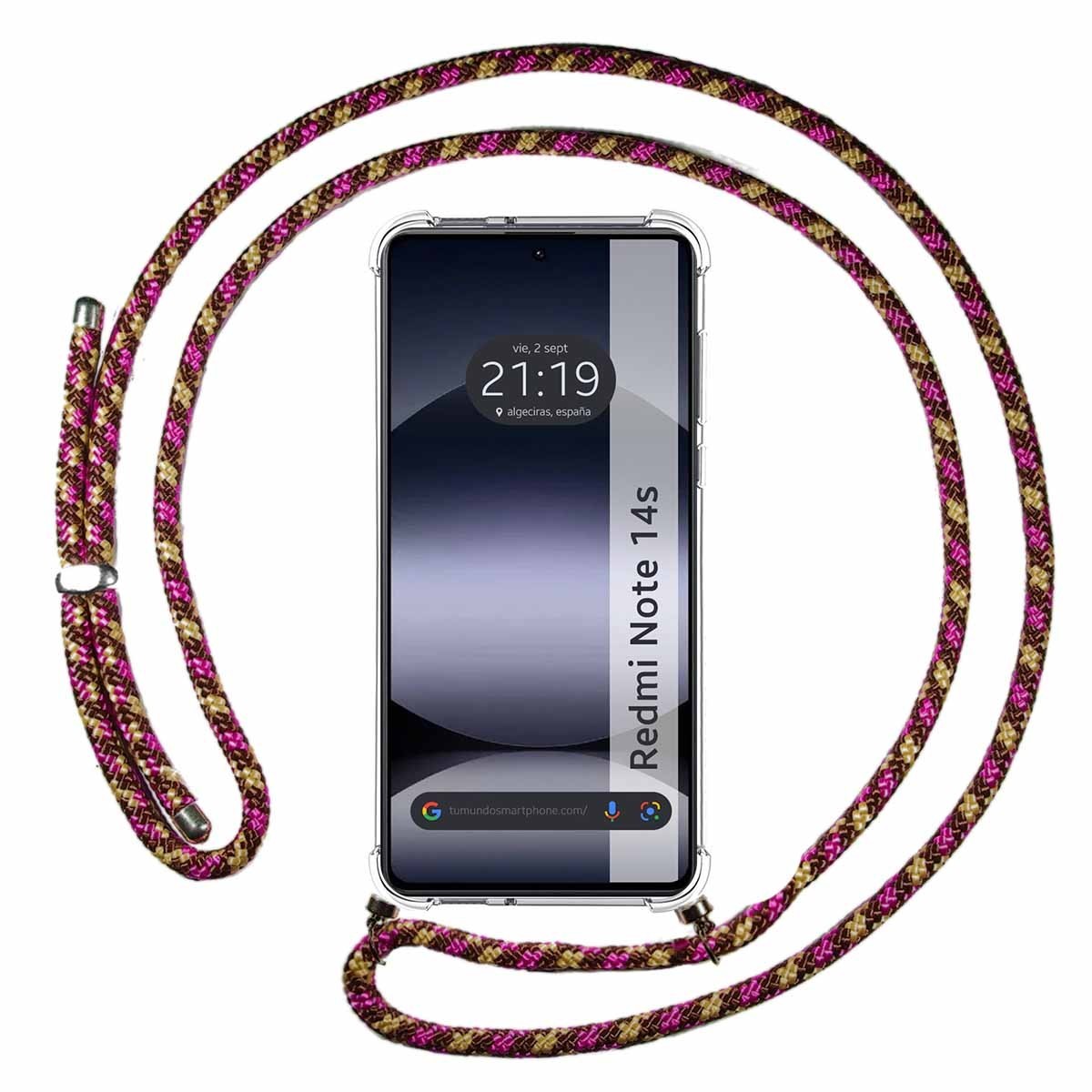 Funda Colgante Transparente para Xiaomi Redmi Note 14S con Cordon Rosa / Dorado