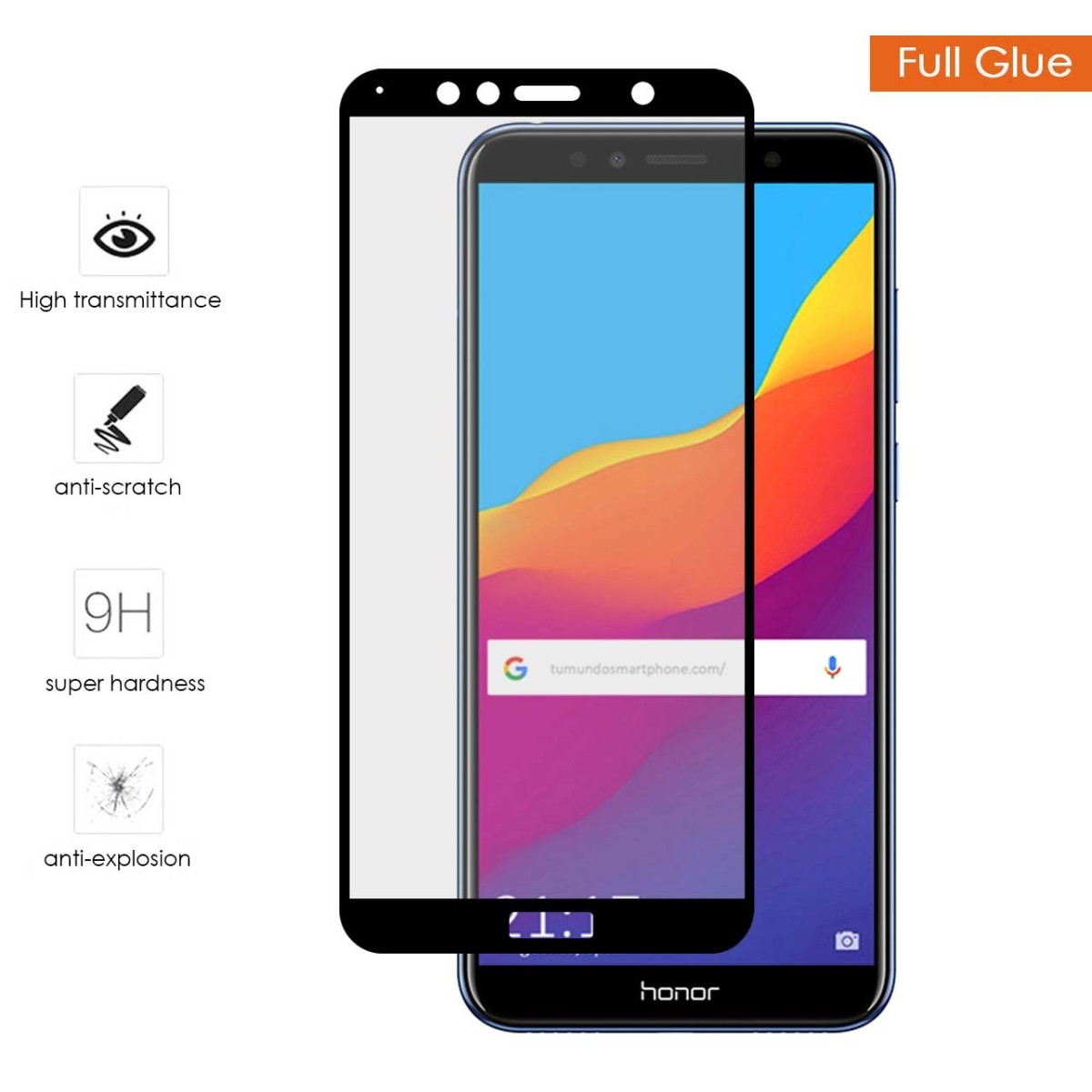 Protector Cristal Templado Completo Full Glue Negro para Huawei Honor 7A / Y6 2018 Vidrio