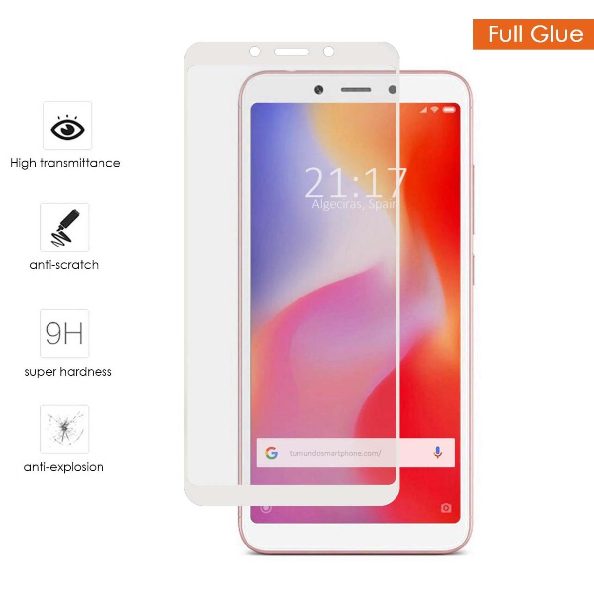 Protector Cristal Templado Completo Full Glue Blanco para Xiaomi Redmi 6 / 6A Vidrio