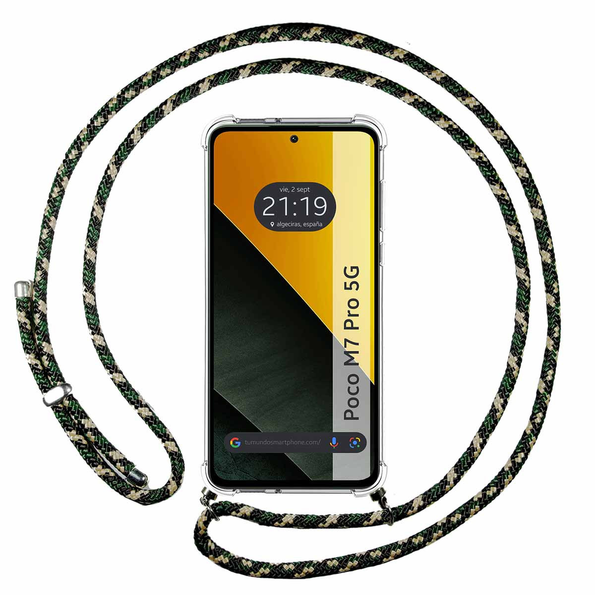 Funda Colgante Transparente para Xiaomi Poco M7 Pro 5G con Cordon Verde / Dorado