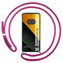 Funda Colgante Transparente para Xiaomi Poco M7 Pro 5G con Cordon Rosa Fucsia