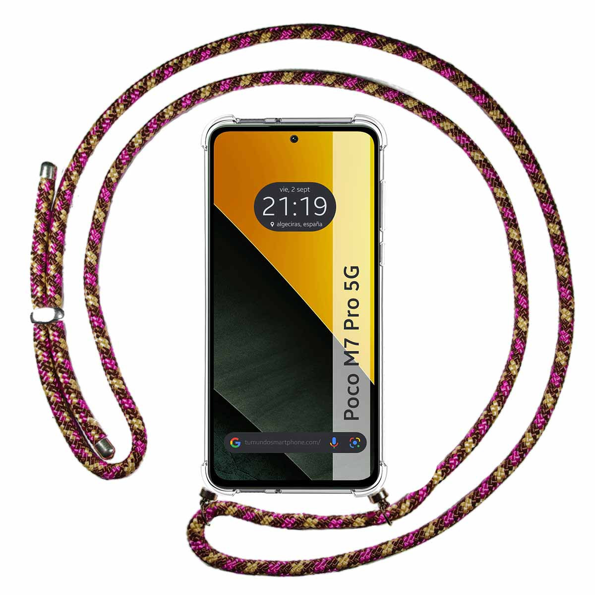 Funda Colgante Transparente para Xiaomi Poco M7 Pro 5G con Cordon Rosa / Dorado