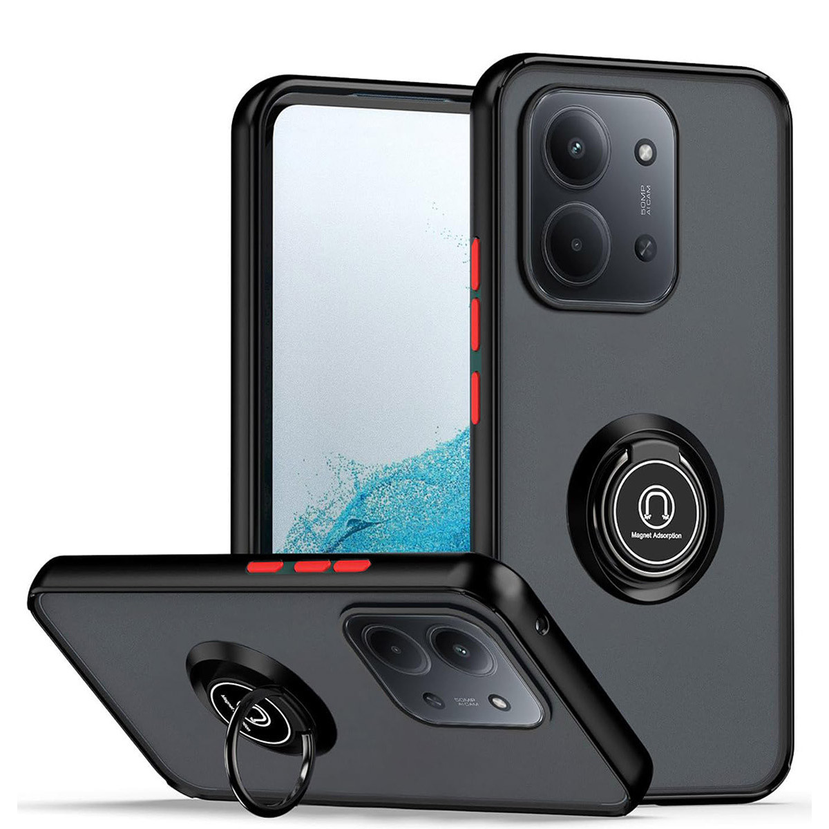 Funda Mate con Borde Negro y Anillo Giratorio 360 para Xiaomi Redmi 15C 4G / 5G