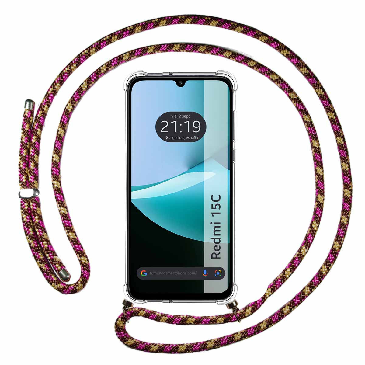 Funda Colgante Transparente para Xiaomi Redmi 15C 4G / 5G con Cordon Rosa / Dorado