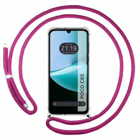Funda Colgante Transparente para Xiaomi Poco C85 con Cordon Rosa Fucsia