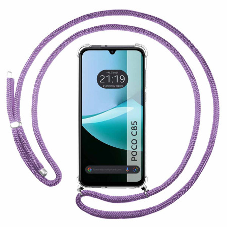 Funda Colgante Transparente para Xiaomi Poco C85 con Cordon Morado