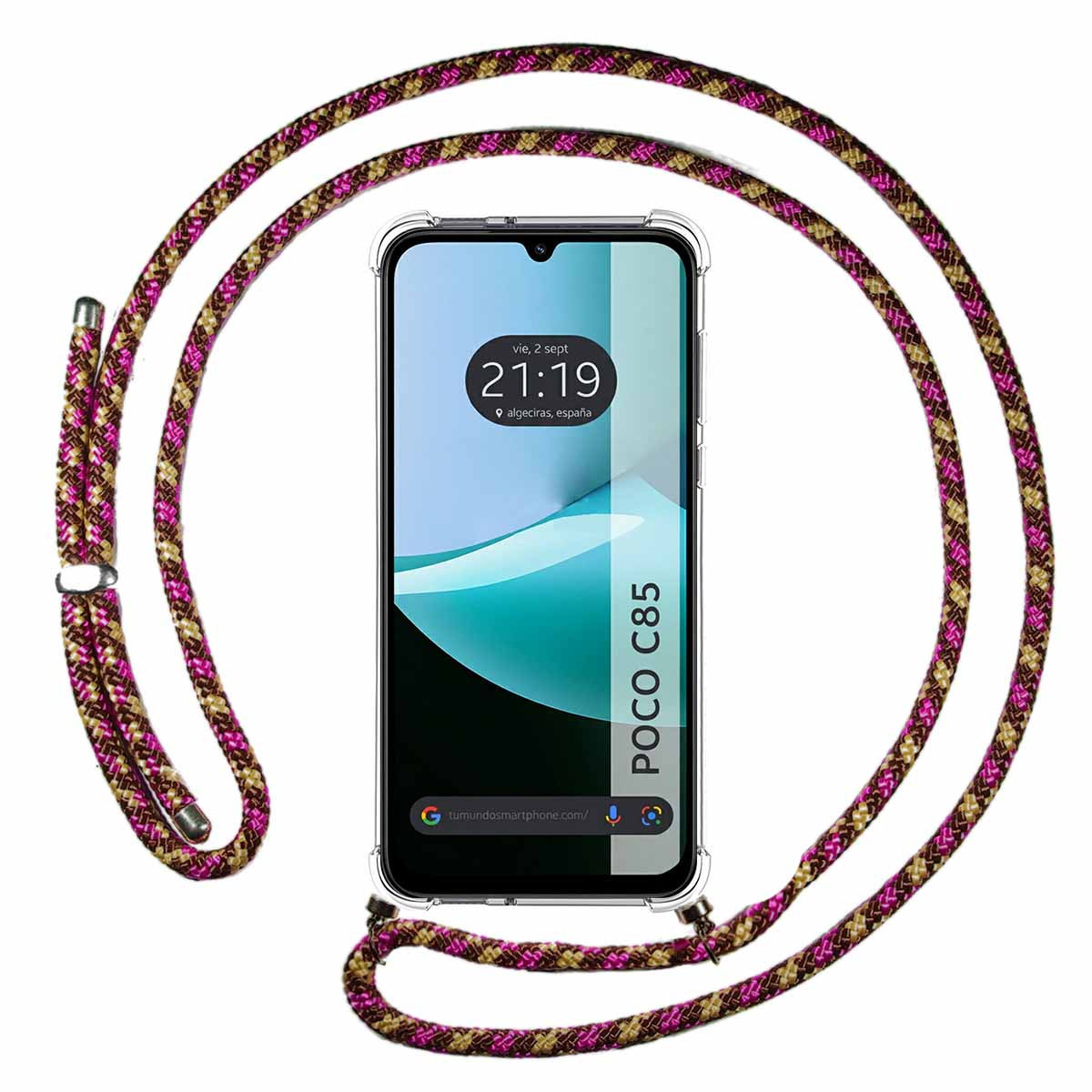 Funda Colgante Transparente para Xiaomi Poco C85 con Cordon Rosa / Dorado