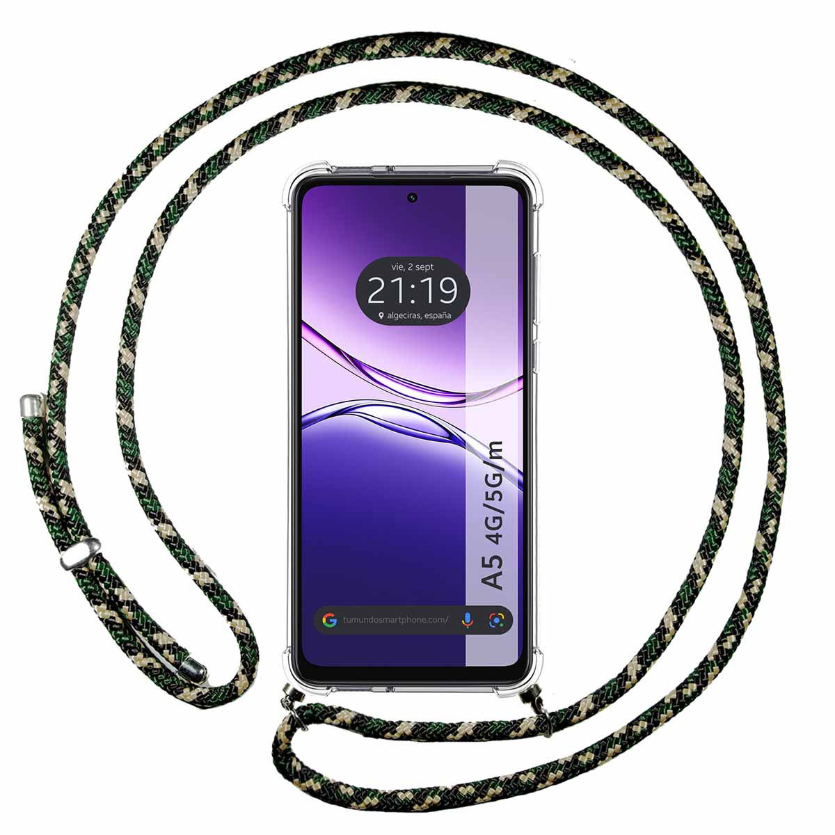 Funda Colgante Transparente para Oppo A5m / A5 4G / 5G con Cordon Verde / Dorado