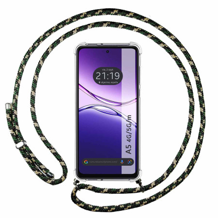 Funda Colgante Transparente para Oppo A5m / A5 4G / 5G con Cordon Verde / Dorado