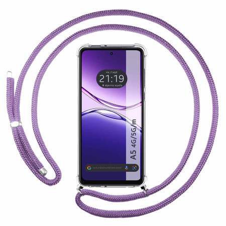 Funda Colgante Transparente para Oppo A5m / A5 4G / 5G con Cordon Morado