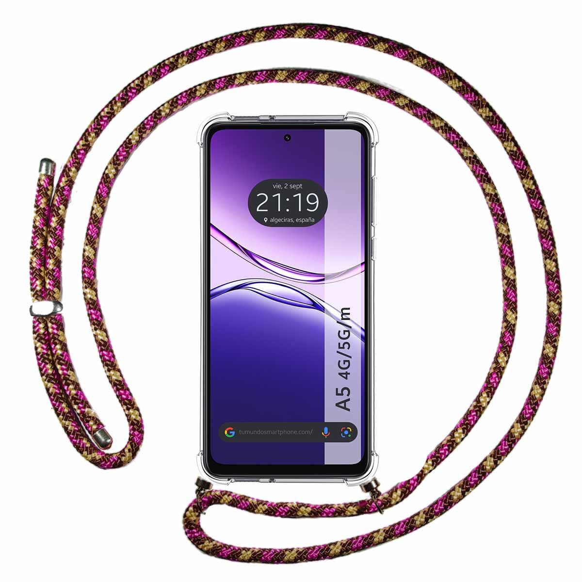 Funda Colgante Transparente para Oppo A5m / A5 4G / 5G con Cordon Rosa / Dorado