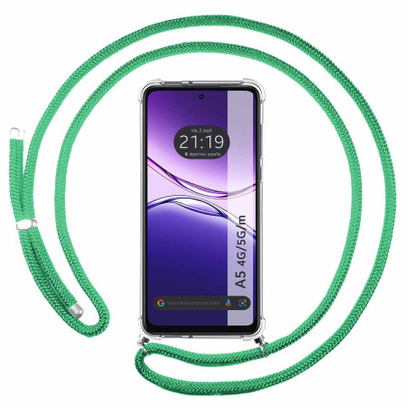 Funda Colgante Transparente para Oppo A5m / A5 4G / 5G con Cordon Verde Agua